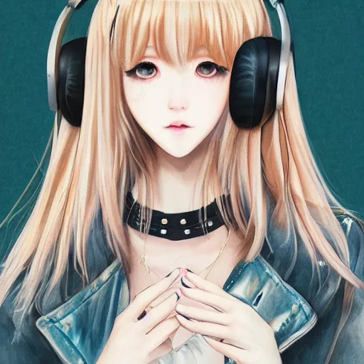 Prompt: realistic beautiful gorgeous natural cute Blackpink Lalisa Manoban blonde hair cute fur blonde cat ears, wearing summer outfit, wearing headphones, wearing black leather choker artwork drawn full HD 4K highest quality in artstyle by professional artists WLOP, Taejune Kim, Guweiz on Artstation Pixiv