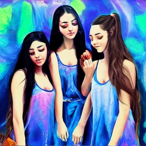 Prompt: “springbreak party, 3 teenage girls, blue tones, hyper realistic oil painting”