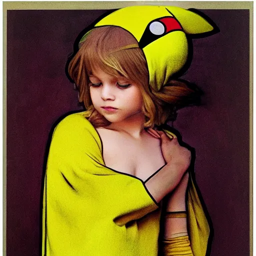 Image similar to girl in a pikachu costume, art by Annie Libovitz and Alhpnse Mucha,