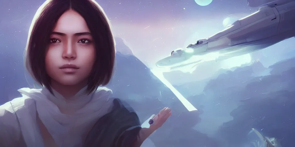 Image similar to Young Himalayan woman, somber white eyes, long, gentle lighting, piloting a small space shuttle, futuristic, dim lighting, digital art by Makoto Shinkai ilya kuvshinov and Wojtek Fus, digital art, concept art,