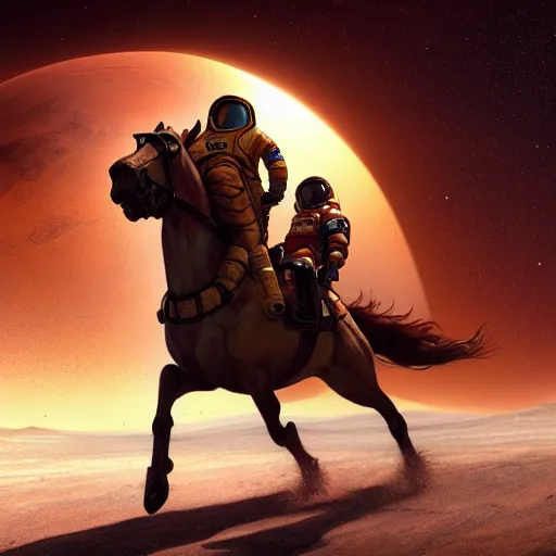 Image similar to centered portrait of the Astronaut riding a Horse in Mars, realistic character concept, high fantasy, light atmosphere, golden ratio, wide shot, cinematic lighting, hyperdetailed, high detailed, high resolution, insanely detailed and intricate, artstation, Marc Simonetti, Greg Rutkowski, octane render, unreal engine, 8k