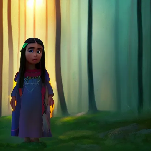 Image similar to medium shot native american girl, in a dark forest, mysterious, backlit, still from a pixar dreamworks movie, trending on artstation