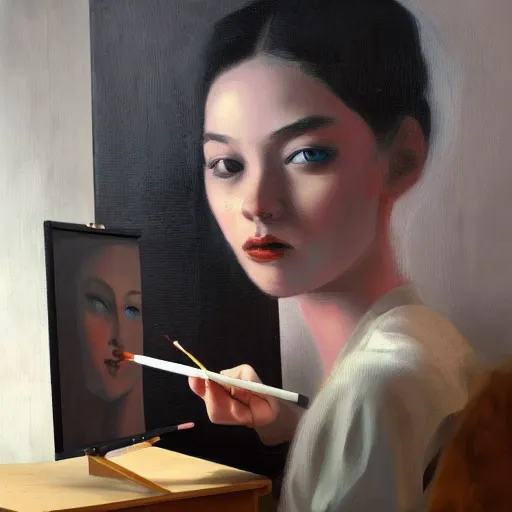 Prompt: a portrait of female young robotic ai artist painting onto a canvas, trending on art station, cosmic, beautiful, by wlop