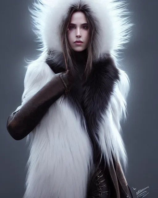 Image similar to dragon hunter wearing a fur - lined dragonhide jacket!!! beautiful and gorgeous wild white long haired female!! symmetry, character concept art, sharp focus, illustration, art by artgerm! greg rutkowski magali villeneuve wlop! ilya kuvshinov!! charlie bowater! octane render, unreal engine 5! highly rendered!!