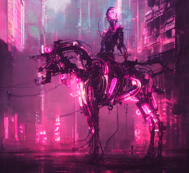 Prompt: glowing pink robot cyborg unicorn, many wires and neon lights exposed, metal and glowing eyes, cyberpunk, highly detailed painting by jeremy mann and cd projekt red