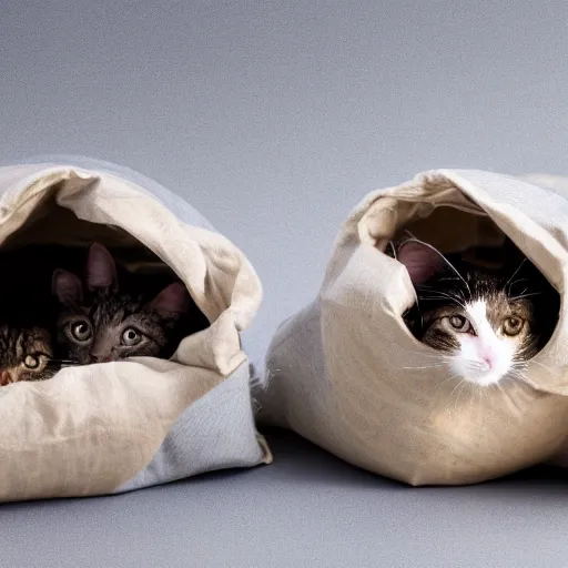 Prompt: a highly detailed photo of multiple furry cats inside a big sack, gray background, studio lighting, 4 k, 8 k