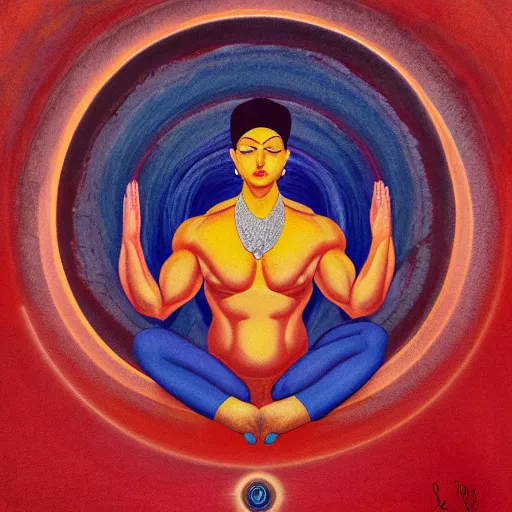 Prompt: ripped physique spirit lotus pose chakra telekinesis crown cobalt artificer Buddha wearing vermillion sweatshirt brandishes a red atomic orb meditation brad rigney kent monkman victor brauner jen bartel jim lambie greg rutkowski rothko tombow