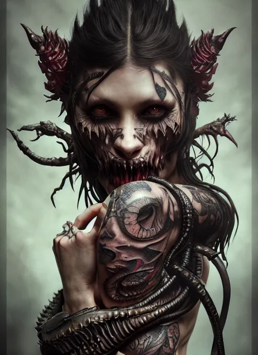 Image similar to ultra realistic, predator, fangs, goth, tattoos, leather, fantasy, flesh, bone, body horror, intricate details, eerie, highly detailed, octane render, 8 k, art by artgerm and alphonse mucha and greg rutkowski