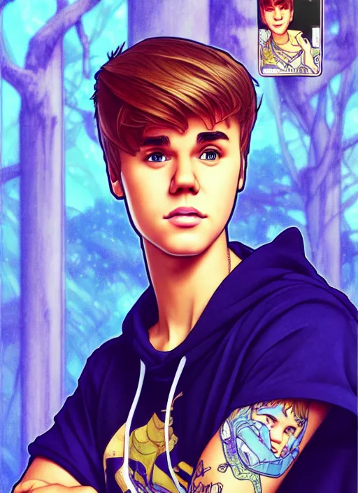 Prompt: cute justin bieber trading card design, natural lighting, path traced, highly detailed, high quality, digital painting, by don bluth and ross tran and studio ghibli and alphonse mucha, artgerm