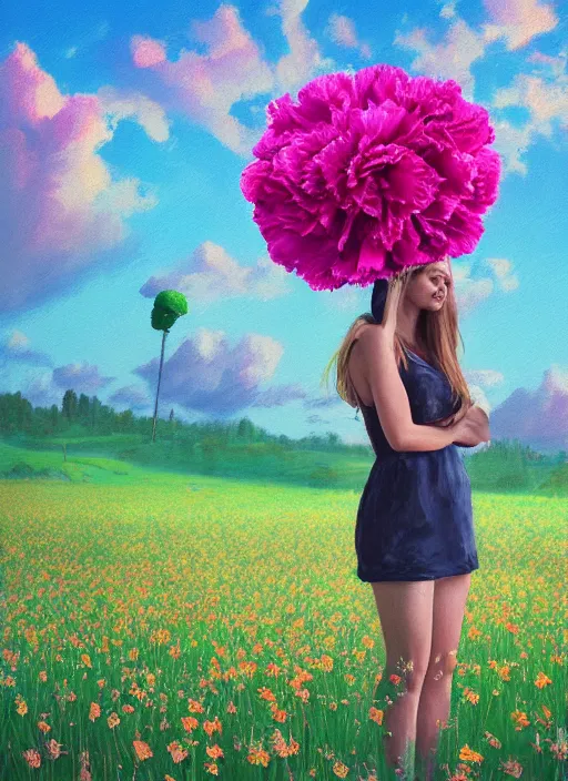 Image similar to portrait of a woman with a giant carnation as a face, flower field, surreal photography, sunset dramatic light, impressionist painting, colorful clouds, blue sky, digital painting, artstation, simon stalenhag