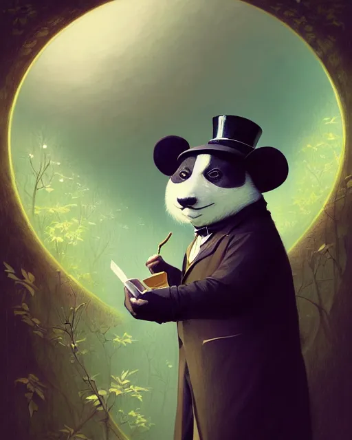 Image similar to anthropomorphic art of a detective panda, victorian inspired clothing by artgerm, victo ngai, ryohei hase, artstation. fractal papersand books. highly detailed digital painting, smooth, global illumination, fantasy art by greg rutkowsky, karl spitzweg