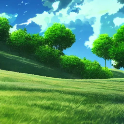Prompt: green hills with a blue sky with clouds, scene from an anime movie, 4k,