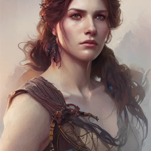 Image similar to portrait of a rugged queen, D&D, fantasy, intricate, elegant, highly detailed, digital painting, artstation, concept art, smooth, sharp focus, illustration, art by artgerm and greg rutkowski and alphonse mucha