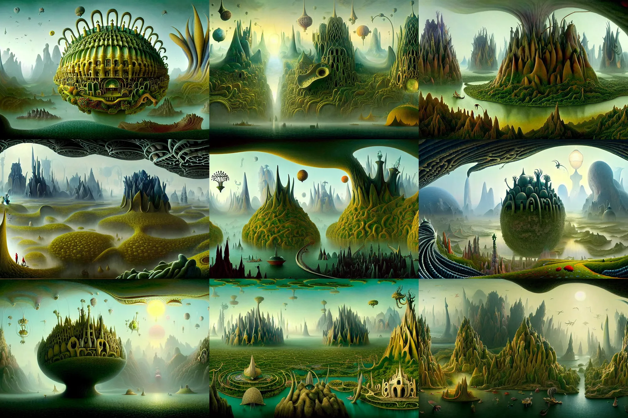Prompt: a beguiling and insanely detailed matte painting of alien dream worlds with surreal architecture designed by Heironymous Bosch, mega structures inspired by Heironymous Bosch's Garden of Earthly Delights, vast surreal landscape and horizon by Asher Durand and Tyler Edlin, masterpiece!!, grand!, imaginative!!!, whimsical!!, epic scale, intricate details, sense of awe, elite, wonder, insanely complex, masterful composition, sharp focus, fantasy realism, dramatic lighting