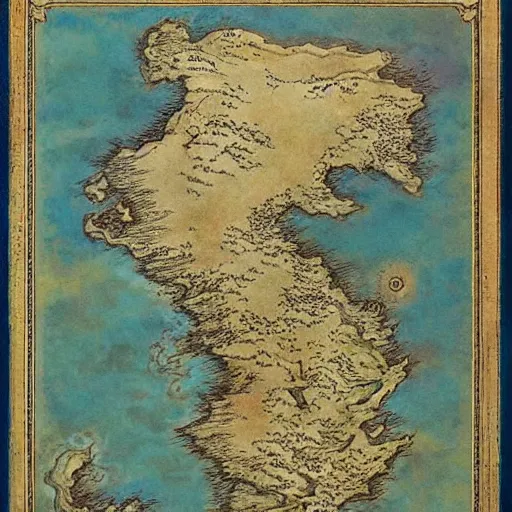 Prompt: fantasy map of an ancient land of Odrua in the Fantasy world of Lute, showing continents archipelagos cities mountains deserts rivers coastlines kingdoms by JRR Tolkien by Brian Froud and Yoshida Hiroshi