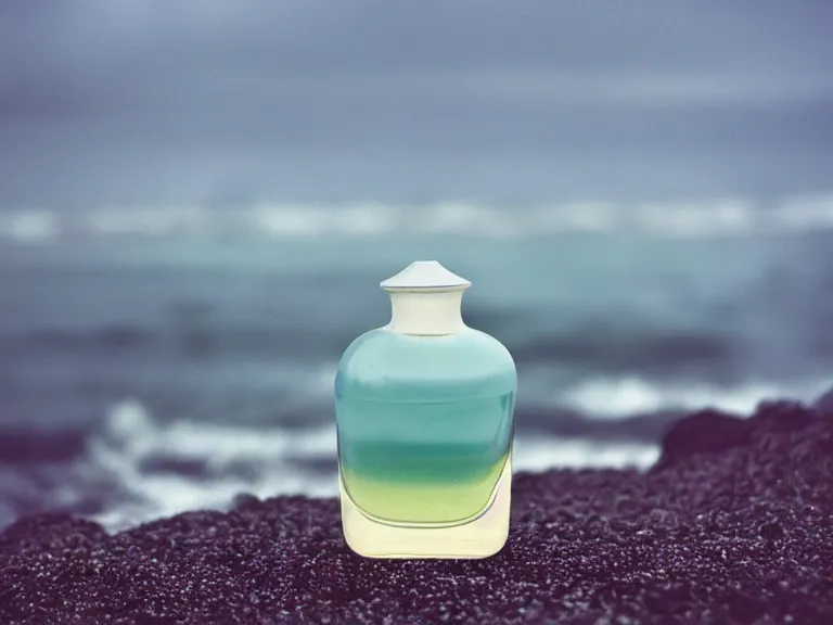 Prompt: cinestill 5 0 d photography of perfume emerging from seafoam bottle 3 / 4 style of nicholas fols, 2 0 0 mm, mute dramatic colours, soft blur outdoor stormy sea background, volumetric lighting, hyperdetailed, hyperrealistic
