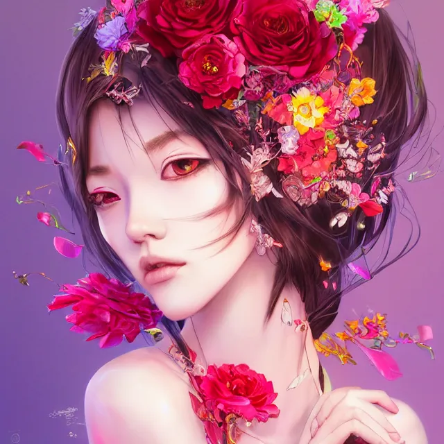 Image similar to studio portrait absurdly beautiful, elegant, lovely, young hypercolorful sensual anime woman rubies red petals gems, ultrafine hyperrealistic detailed face illustration by kim jung gi, irakli nadar, intricate linework, sharp focus, bright colors, matte, octopath traveler, final fantasy, unreal engine highly rendered, global illumination, radiant light, intricate rainbow environment