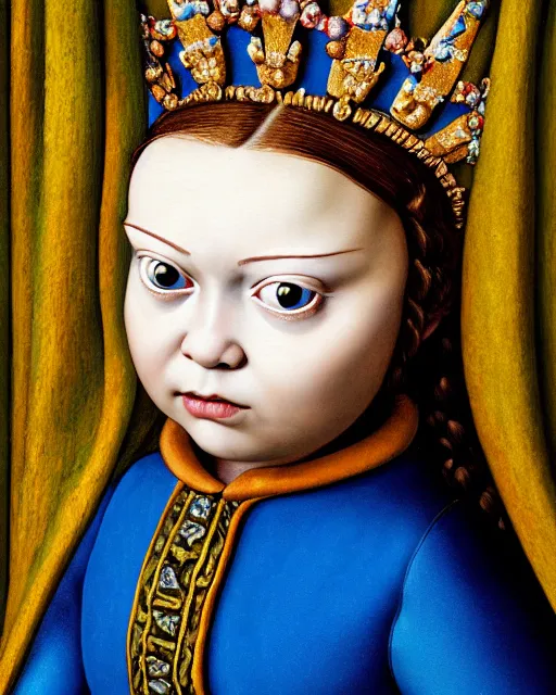 Image similar to closeup medieval jan van eyck face portrait of tin toy greta thunberg as a fairytale princess wearing a crown eating cakes in the castle, bikini, hyper realistic, artstation, illustration, nicoletta ceccoli, mark ryden, lostfish, max fleischer, digital paint, matte paint, vivid colors, bright, cheerful, detailed and intricate environment