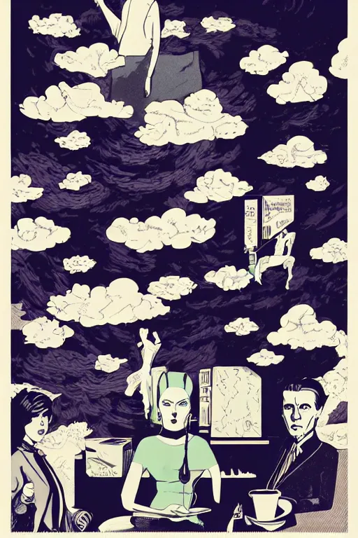 Image similar to a tea party in the clouds, graphic novel, high contrast, by lauri greasley