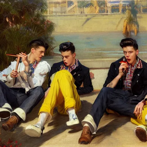 Image similar to three male teens wearing rockabilly outfits and eating yellow popsicles while looking around by gaston bussiere, craig mullins, j. c. leyendecker 8 k