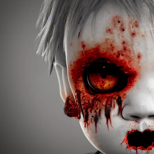 Image similar to angry zombie toddler without eyes portrait, empty bloody - black eyesockets, horror core, apocalyptic, feeling of grimdark, sharp focus, fiction, hyper detailed, digital art, trending in artstation, cinematic lighting, studio quality, smooth render, unreal engine 5 rendered, octane rendered, art style and nixeu and wlop and krenz cushart