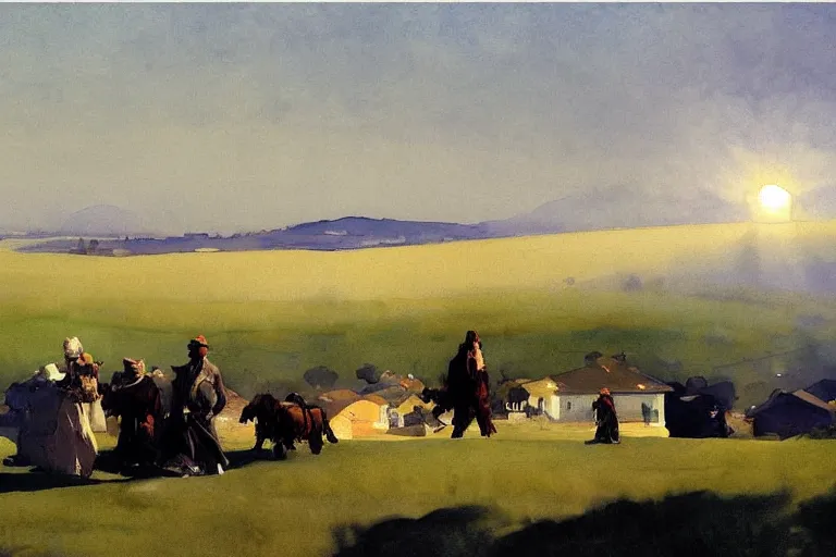 Prompt: california style watercolor painting of houses in distance, at the edge of wide fields, very beautiful ambient lighting, sun rays, dust, art by john singer sargent, by anders zorn and winslow homer, wonderful masterpiece by greg rutkowski, cinematic light, american romanticism by greg manchess, creation by tyler edlin