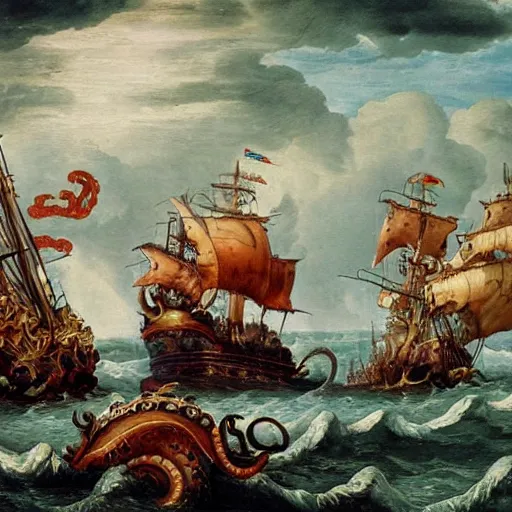 Image similar to kraken attacking a pirate ship in the ocean, renaissance oil painting, 8 k, highly ornate intricate details, extreme detail,