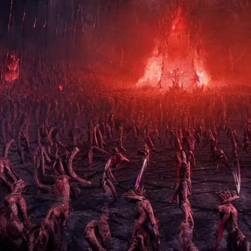 Image similar to extreme long shot of a hell with people suffering, monsters, in full combat, all stand at attention beneath the death presiding over them, 8 k, unreal 5, octane render, majestic, superb, cinematic, dramatic, hyperrealistic, ultra detailed, award winning, breathtaking, groundbreaking, special effects, cgi art, volumetric lighting, photoshopped, intricate digital art