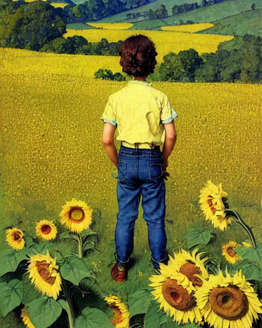 Image similar to boy standing on a hill looking down into the valley of sunflower fields, hills, cliffs, yellow sunflowers flower boy album cover by norman rockwell