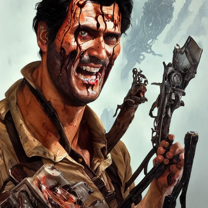 Image similar to portrait of the man from Evil Dead movie Ash Williams, \'Groovy\' fantasy, intricate, elegant, highly detailed, digital painting, artstation, concept art, smooth, sharp focus, illustration, art by artgerm and greg rutkowski and alphonse mucha