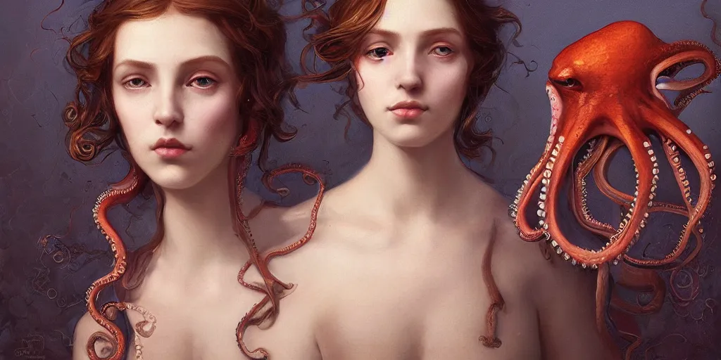 Prompt: An incredible detailed portrait of a young woman and an octopus, in the style of pre-Raphaelite, by Goro Fujita, Tom Bagshaw, trending on Artstation, 8k, masterpiece, fine detail, full of color, intricate detail