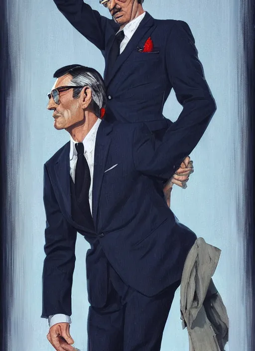 Prompt: full - length portrait of gregory peck, dressed in a navy blue suit with silver embroidered details, detailed face, fantasy, cinematic lighting, digital art painting, fine details by realistic shaded lighting poster by ilya kuvshinov katsuhiro otomo, magali villeneuve, artgerm, jeremy lipkin and michael garmash and rob rey