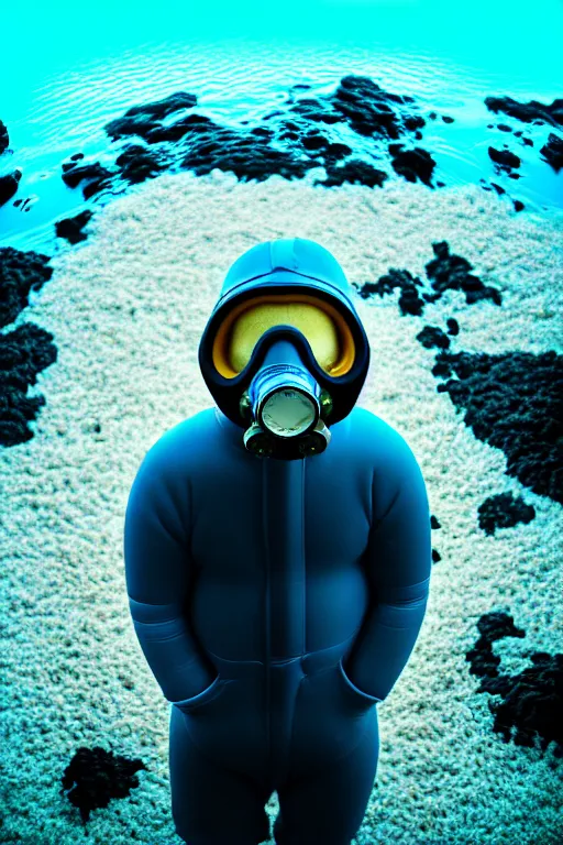 Prompt: high quality pastel coloured film mid angle portrait photograph of a beautiful young 2 0 year old male, soft features, short hair, rubber gas mask and oversized inflated clothing!!!! icelandic black! rock pool environment. atmospheric three point light. photographic. art directed. ( pastel colours ). volumetric. clearcoat. waves. 8 k. filmic.
