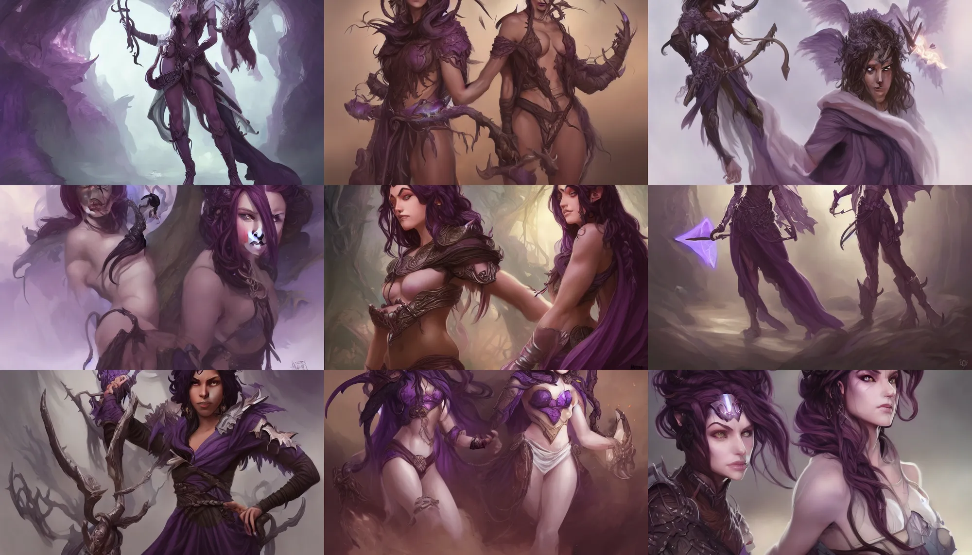 Prompt: Attractive Tiefling Druid, She has light brown skin, dark purple hair, and silver eyes full body, dungeons and dragons portrait, highly detailed, digital painting, artstation, concept art, sharp focus, illustration, art by artgerm and greg rutkowski and alphonse mucha