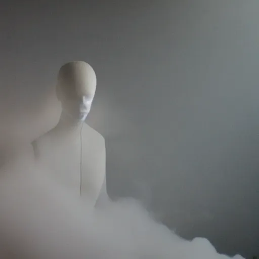 Image similar to a mannequin made of smoke, billowing clouds of dust, and ash trapped within transparent crystal