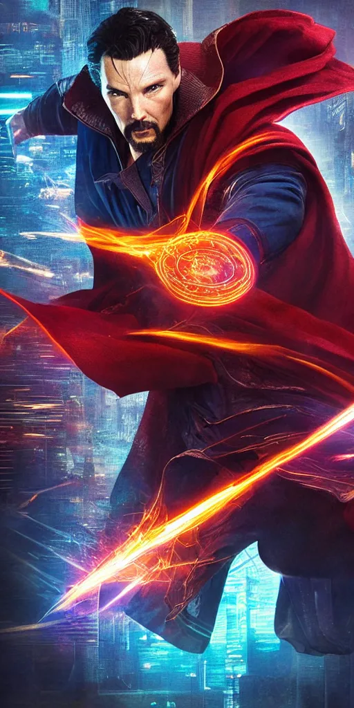 Image similar to cyberpunk, dr strange, photograph, cinematic,