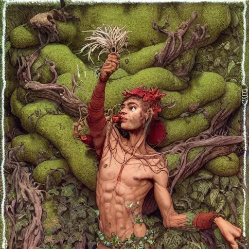 Prompt: Rootpunk Physique Portrait of a Shaman Guy wearing an ivy costume lichen disguised as a human standing atop a red clay pot greg rutkowski jen bartel peter mohrbacher anna podedworna arthur rackham salvador dali octavio ocampo jacek yerka winslow homer norman rockwell uta natsume prismacolor tombow quill