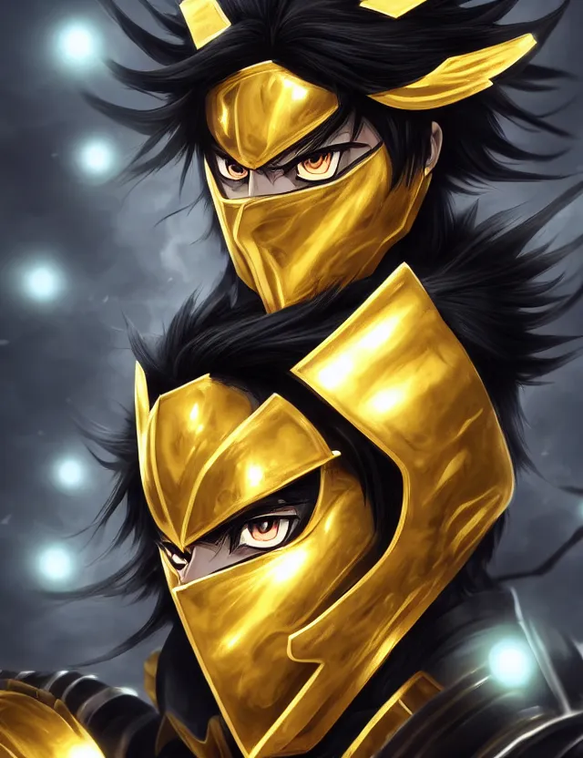 Image similar to a detailed manga portrait of a black haired man with hazel eyes in gleaming golden armour with arcane energy symbols in air around him, trending on artstation, digital art, 4 k resolution, detailed, high quality, sharp focus, hq artwork, coherent, insane detail, character portrait