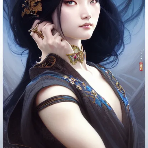 Image similar to Chinese beauty, D&D, blue eyes, black hair, fantasy, intricate, elegant, highly detailed, digital painting, artstation, concept art, smooth, sharp focus, illustration, art by artgerm and greg rutkowski and alphonse mucha