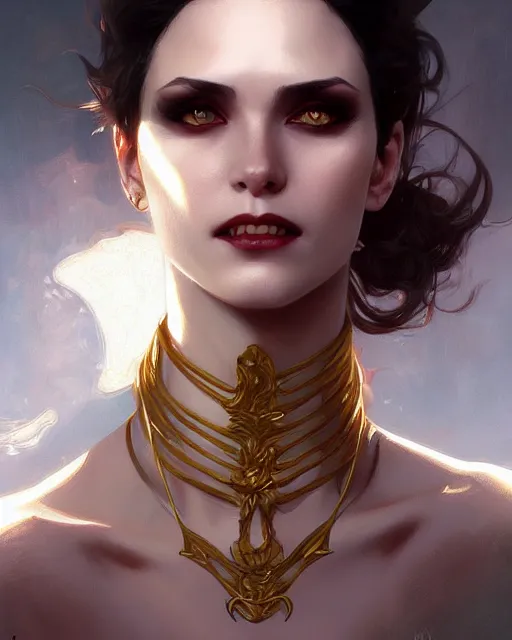 Prompt: female vampire, perfect face, gold, cinematic, stunning, highly detailed, digital painting, artstation, smooth, hard focus, illustration, art by artgerm and greg rutkowski and alphonse mucha