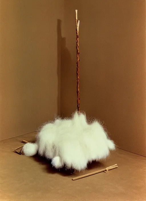 Prompt: realistic photo of a a medieval brushwood and straw archeology scientific equipment device made of brushwood, with white fluffy fur, by dieter rams 1 9 9 0, life magazine reportage photo, natural colors, metropolitan museum collection