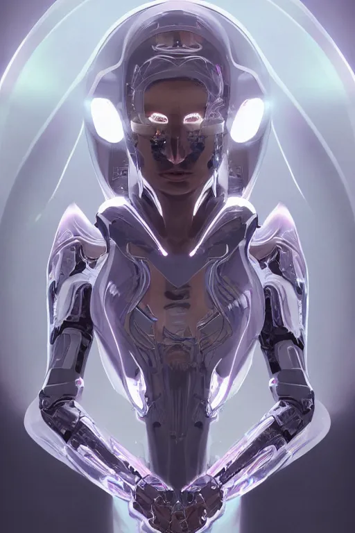 Image similar to beautiful cyborg priestess, scifi, perfect face, futuristic, elegant cape, aura of light, glow, concept art, sharp focus, inside a space ship, trending on artstation, hwang se - on, intricate, advanced technology, art by roman makarenko and simon almeida and marcos melco