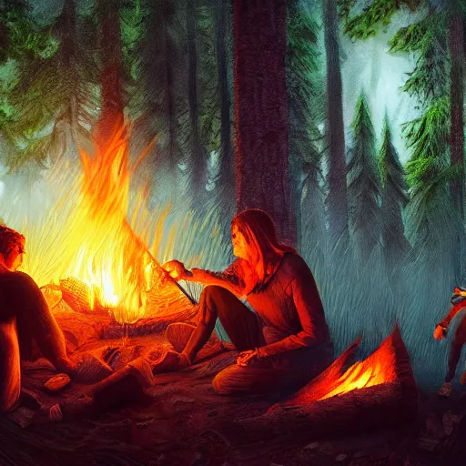 Image similar to green screen of beautiful close up, zoom up campfire in the woods at night, warmth, stylized, artgerm, artstation, hd, cgsociety, cgi, realistic, dramatic, cinematic, artistic, trending, detailed