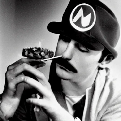 Image similar to realistic photograph of Mario in a hat with an M smoking in a french new wave Godard film aesthetic, black and white