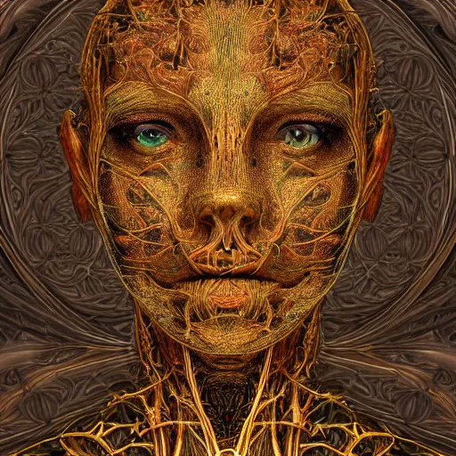 Image similar to face portrait, 150 mm, anatomical, flesh, flowers, mandelbrot fractal, veins, arteries, symmetric, intricate, golden ratio, full frame, microscopic, elegant, highly detailed, ornate, ornament, elegant , luxury, beautifully lit, ray trace, octane render in the style of peter Gric , alex grey and Romero Ressendi