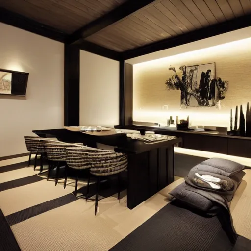 Image similar to lounge and dining room, stone, interior design, stylish luxury hotel living room design, yakisugi, black vertical slatted timber, textures, feminine, black walls, art, Japanese pottery vase with flowers, kakejiku, seasonal, Japanese influences