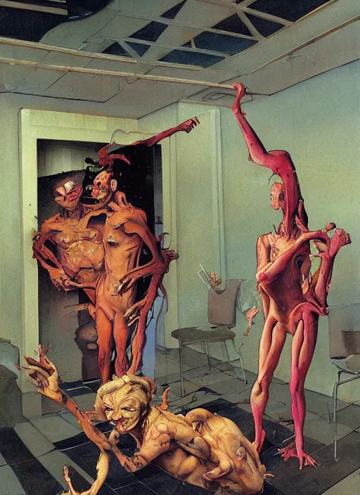 Prompt: sewer mutants and business men in the style of francis bacon, surreal forest, norman rockwell and james jean, greg hildebrandt, and mark brooks, triadic color scheme, by greg rutkowski, in the style of francis bacon and syd mead and edward hopper and norman rockwell and beksinski, dark surrealism, open ceiling