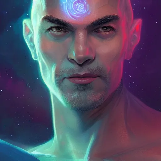 Image similar to portrait of the god of the universe, space, cosmic, upper body, D&D, intricate, cinematic lighting, highly detailed, digital painting, artstation, concept art, smooth, sharp focus, illustration, art by Artgerm and Greg Rutkowski