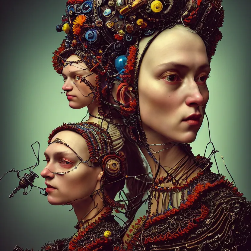 Image similar to colour caravaggio style photography of highly detailed beautiful woman with 1 0 0 0 years perfect face and wearing detailed ukrainian folk costume designed by taras shevchenko also wearing highly detailed retrofuturistic sci - fi neural interface designed by josan gonzalez. many details in style of josan gonzalez and mike winkelmann and andgreg rutkowski and alphonse muchaand