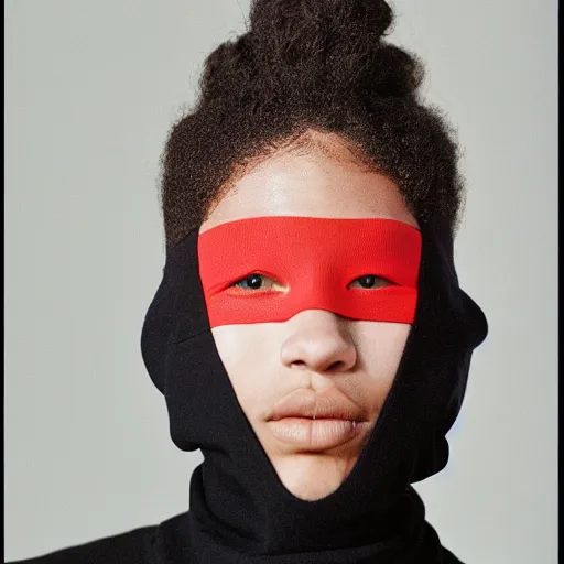 Image similar to realistic photoshooting for a new balenciaga lookbook, color film photography, portrait of a beautiful woman, model is wearing a balaclava mask, in style of tyler mitchell, 3 5 mm,